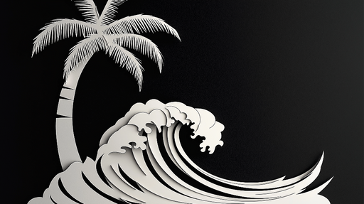Papier peint vague Vagues blanches et palmier en relief sur fond noir