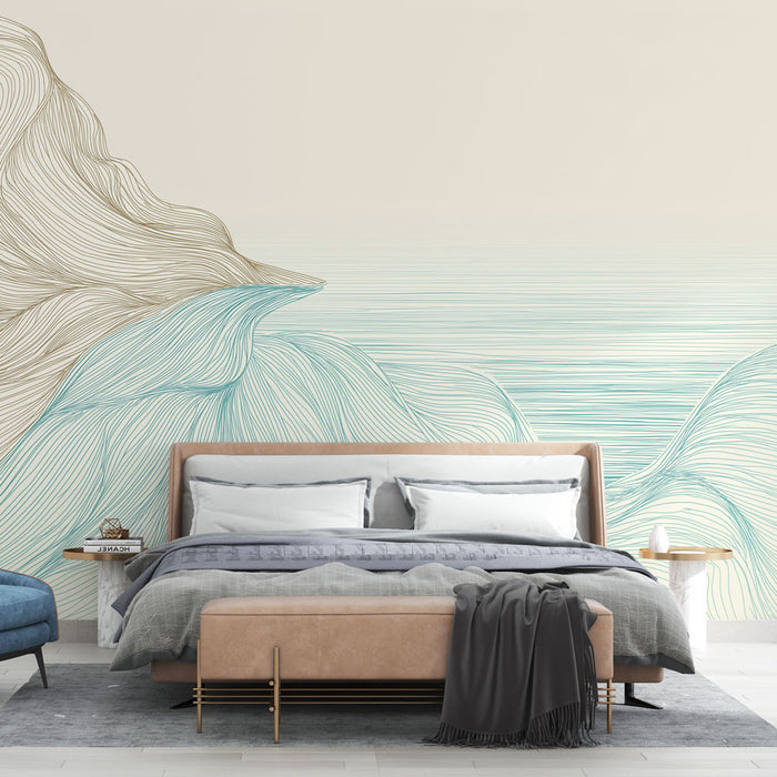 Une chambre moderne avec un papier peint aux lignes fluides dans des teintes beige et turquoise évoquant une ambiance apaisante et naturelle.