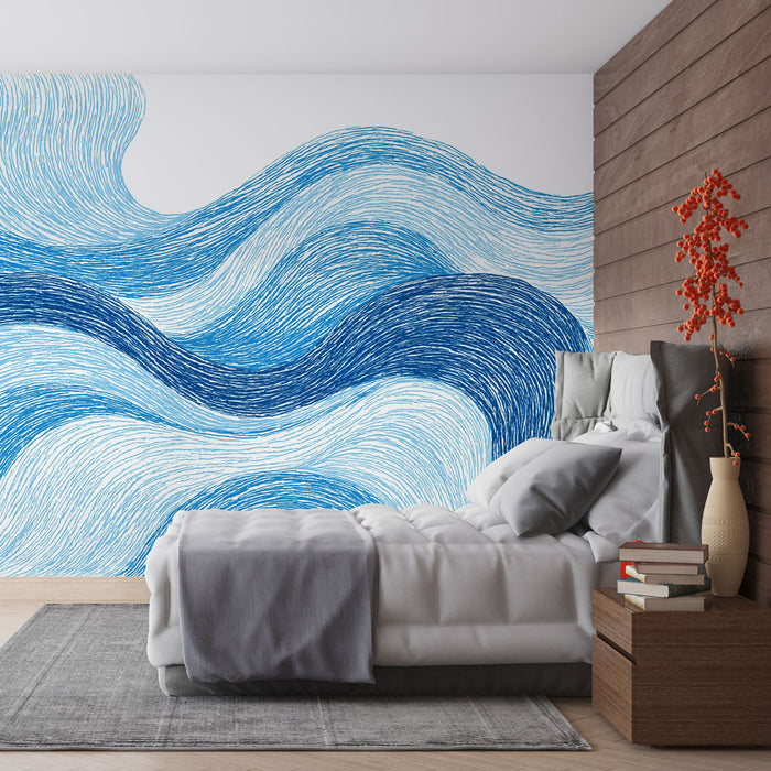 Une chambre moderne avec un papier peint abstrait bleu représentant des vagues fluides, créant une atmosphère apaisante et dynamique.