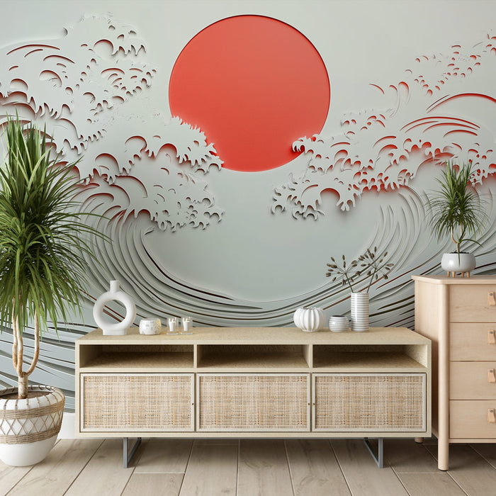 Papier peint design en relief avec vagues japonaises et soleil rouge pour salon moderne