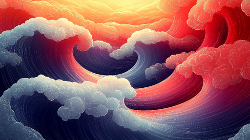 Papier peint vagues et nuages Motif abstrait de vagues dynamiques avec nuages colorés