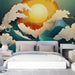 Papier peint artistique avec vagues turquoise et soleil doré pour décoration murale de chambre moderne.
