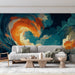 Un salon moderne avec un papier peint représentant une vague stylisée aux couleurs vives orange et turquoise, créant une ambiance dynamique et apaisante.
