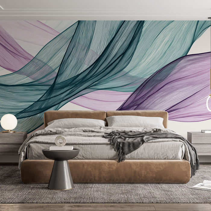 Une chambre moderne avec un papier peint abstrait aux vagues fluides dans des teintes turquoise et violet, créant une atmosphère apaisante et élégante.