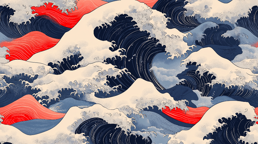 Papier peint vagues japonaises Motif dynamique de vagues et nuages dans des teintes marines