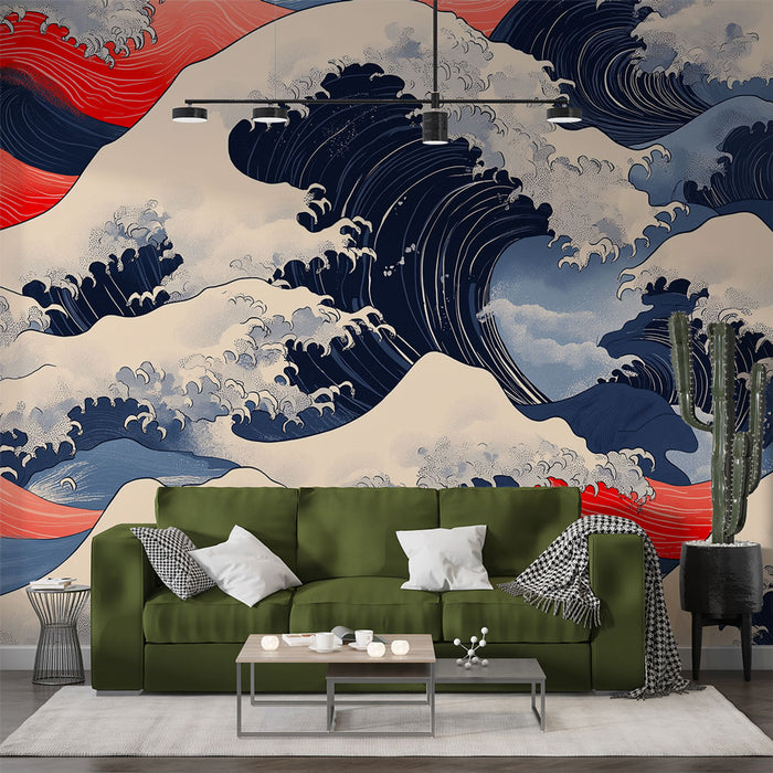 Papier peint vagues japonaises | Motif dynamique de vagues et nuages dans des teintes marines