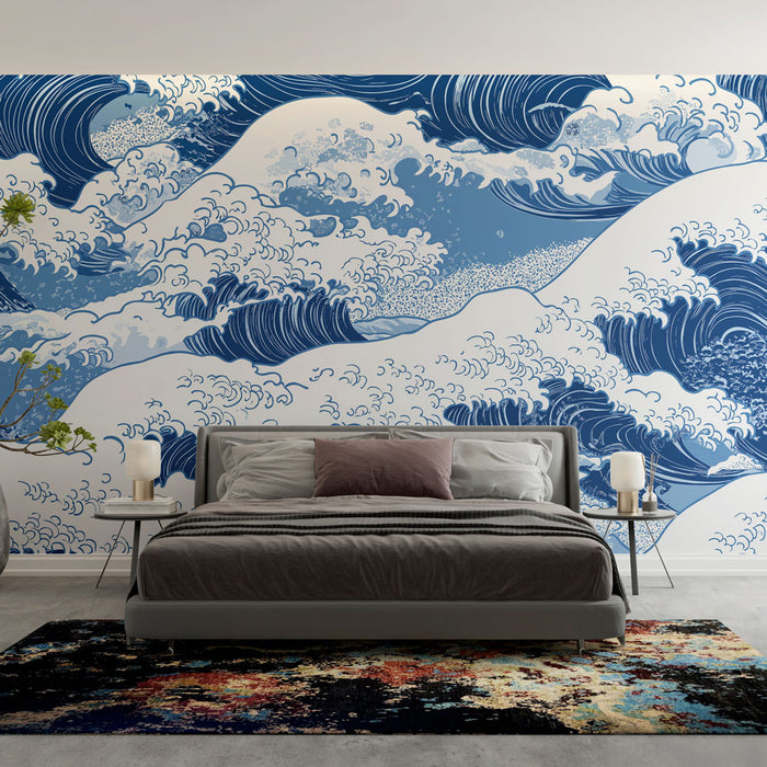 Une chambre moderne avec un papier peint représentant des vagues stylisées en bleu et blanc, créant une atmosphère dynamique et apaisante.