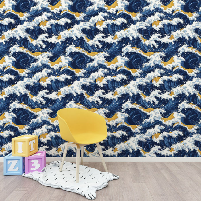 Une chambre ludique avec un papier peint aux vagues stylisées bleu marine et or, créant une ambiance dynamique et apaisante.