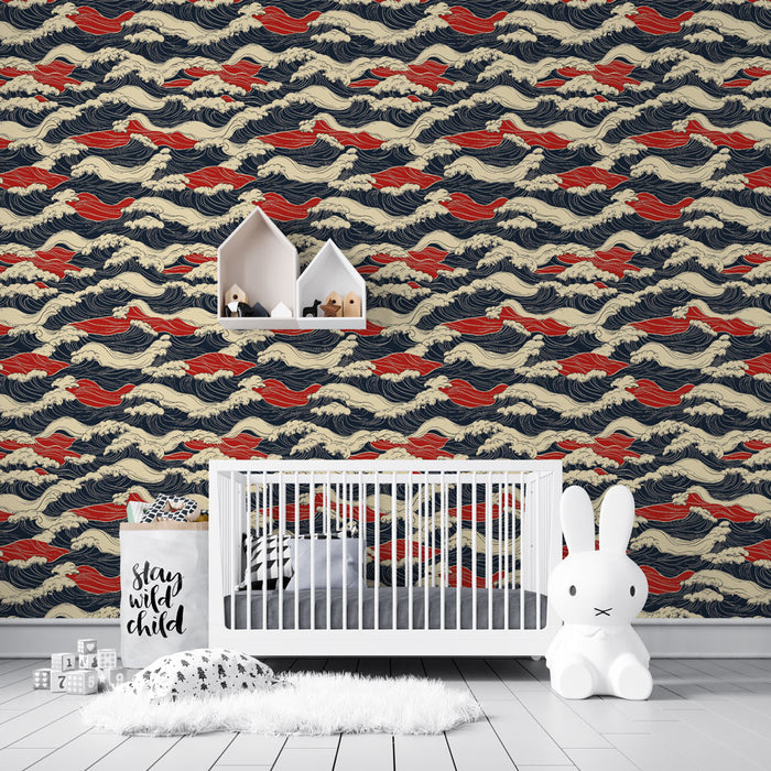 Une chambre d'enfant avec un papier peint inspiré des vagues, mêlant des teintes de bleu, rouge et beige, créant une atmosphère dynamique et ludique.