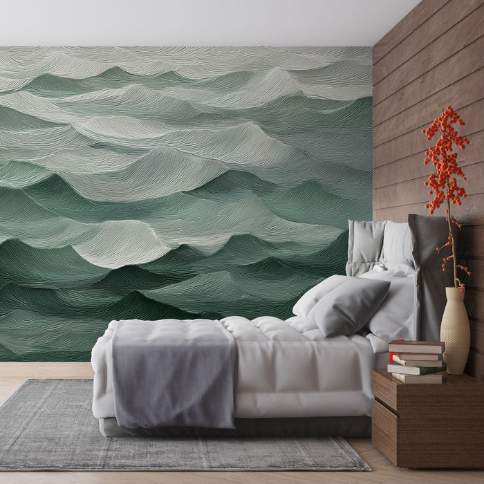 Une chambre apaisante avec un papier peint représentant des vagues stylisées dans des teintes vertes et grises, évoquant une atmosphère calme et naturelle.