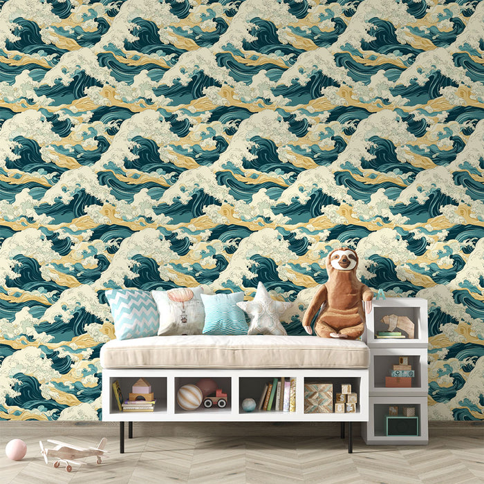 Une pièce de vie moderne avec un papier peint représentant des vagues stylisées dans des teintes de bleu et crème, créant une ambiance dynamique et apaisante.