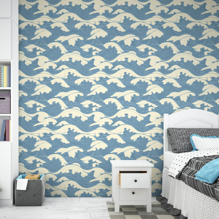 Une chambre moderne avec un papier peint évoquant des vagues stylisées en bleu et crème, créant une atmosphère apaisante et dynamique.