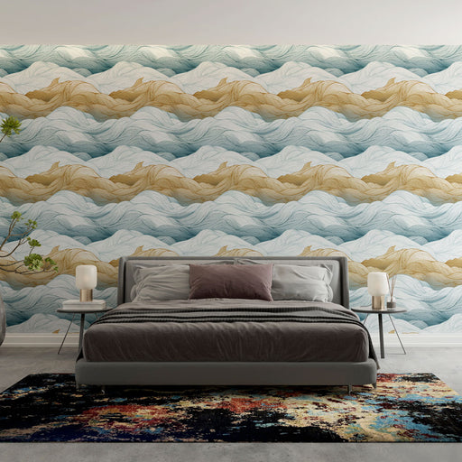 Une chambre moderne avec un papier peint ondulé aux teintes bleu, beige et blanc, évoquant une atmosphère apaisante et fluide.