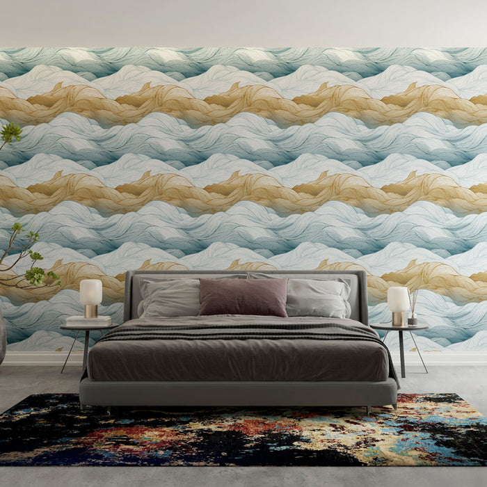 Une chambre moderne avec un papier peint ondulé aux teintes bleu, beige et blanc, évoquant une atmosphère apaisante et fluide.