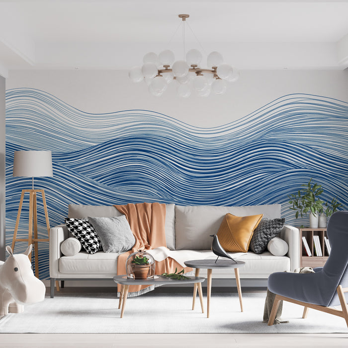 Papier peint vagues | Motif ondulant en bleu et blanc