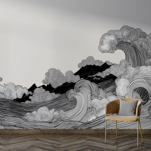 Une pièce moderne avec un papier peint représentant des vagues stylisées en noir et blanc, créant une atmosphère dynamique et artistique.