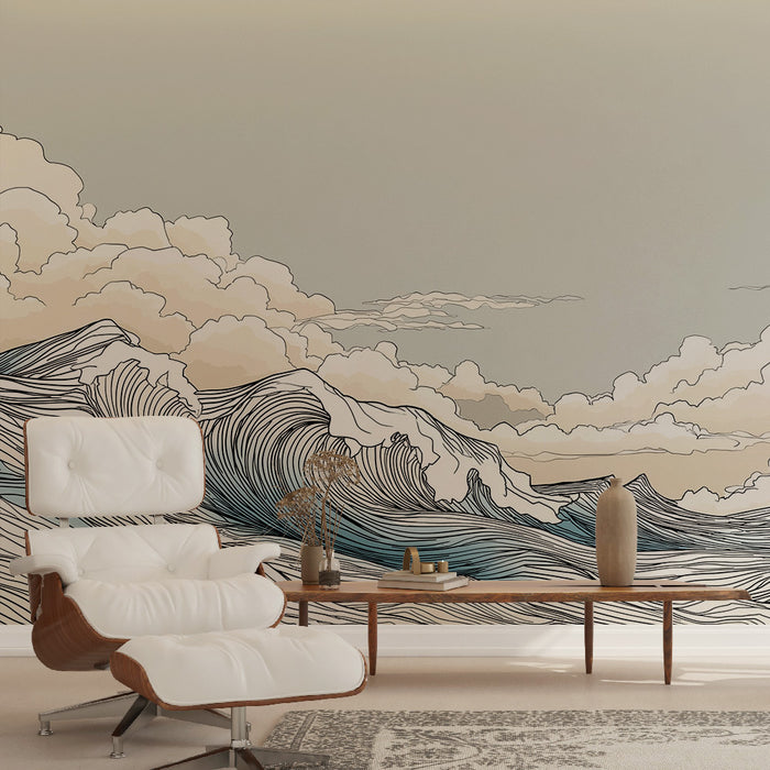 Une pièce moderne avec un papier peint représentant des vagues stylisées en nuances de beige et bleu, créant une atmosphère apaisante et artistique.