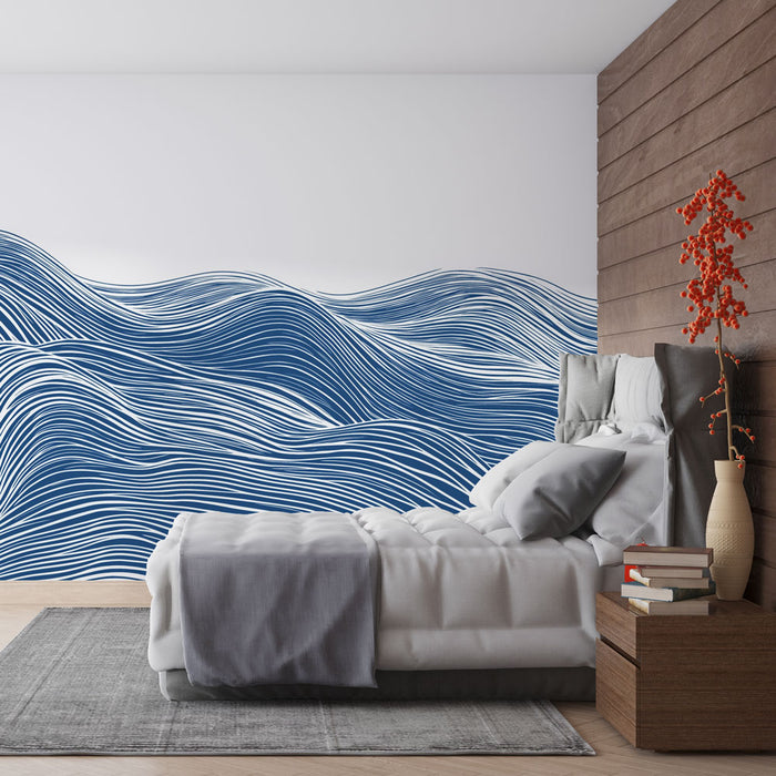 Papier peint vagues | Motifs ondulant en bleu et blanc