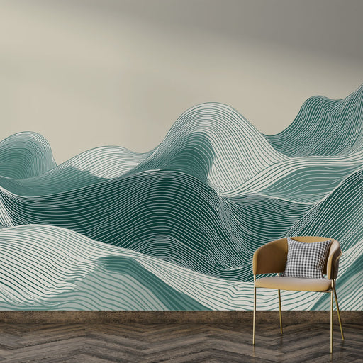 Une pièce moderne avec un papier peint abstrait représentant des vagues stylisées en dégradé de vert et blanc, créant une atmosphère apaisante et dynamique.