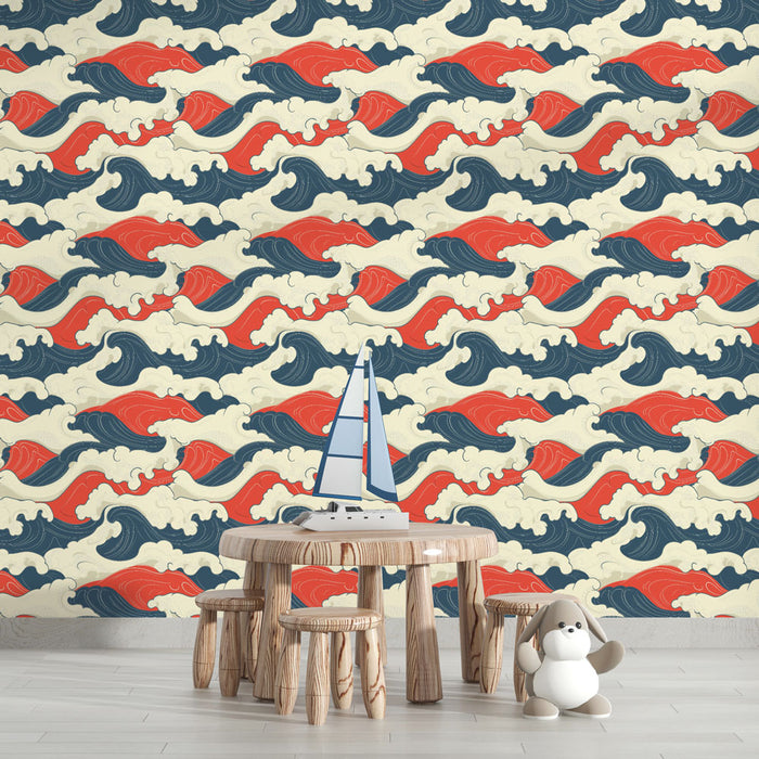 Une chambre d'enfant avec un papier peint évoquant des vagues stylisées en rouge, bleu marine et crème, créant une ambiance dynamique et ludique.