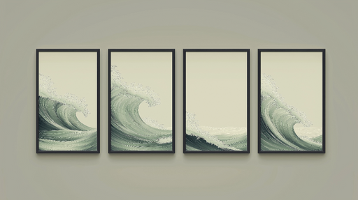 Papier peint vagues Quatre panneaux illustrant des vagues stylisées en nuances de vert