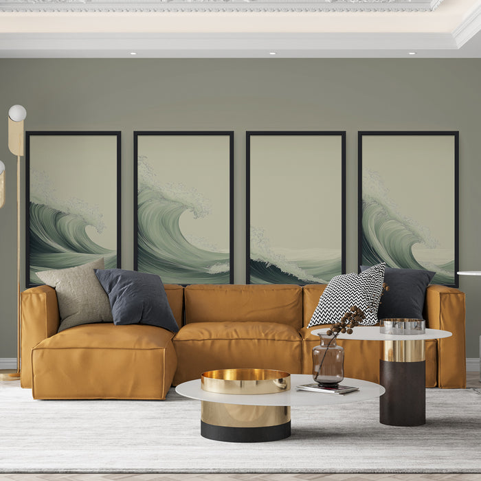Un salon contemporain avec un papier peint représentant des vagues stylisées dans des tons verts et beiges, créant une atmosphère apaisante et inspirante.