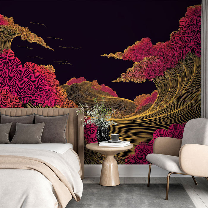 Une chambre élégante avec un papier peint aux motifs de vagues stylisées en or et rose sur fond noir, créant une ambiance artistique et dynamique.