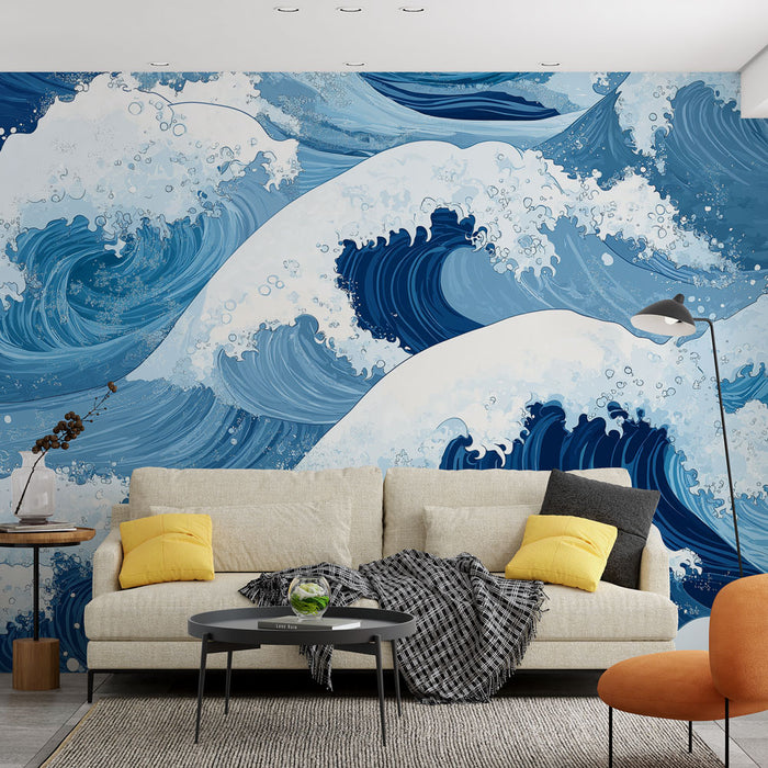 Un salon moderne avec un papier peint représentant de grandes vagues stylisées dans des nuances de bleu, créant une atmosphère dynamique et apaisante.