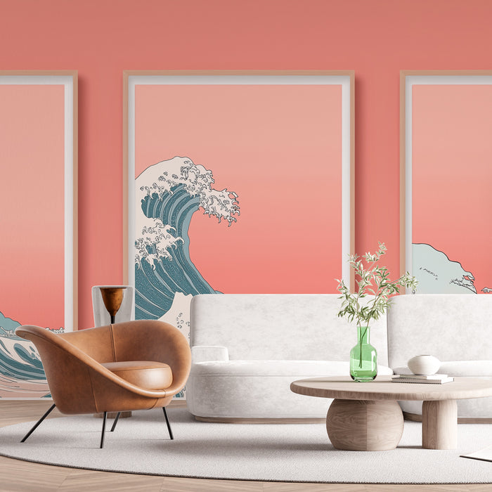 Un salon moderne avec un papier peint représentant des vagues stylisées sur fond rose, créant une ambiance apaisante et artistique.
