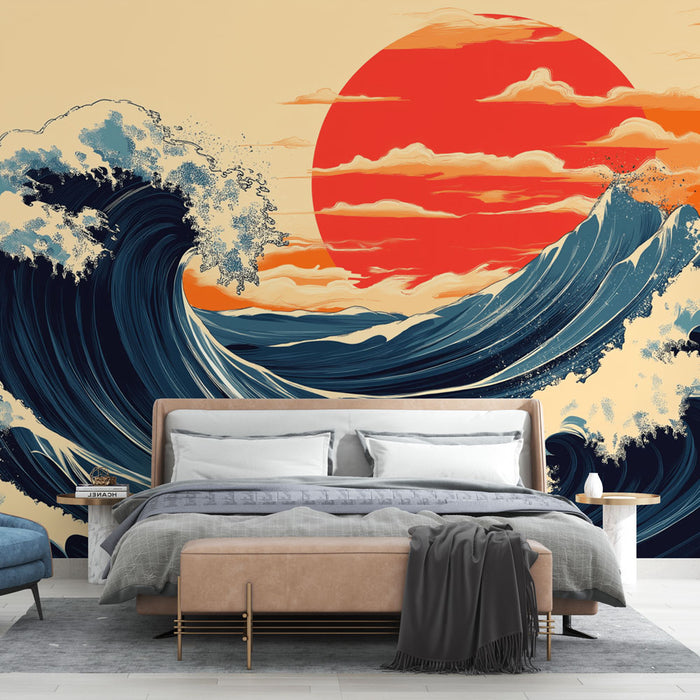 Papier peint vagues | Vagues dynamique sous un soleil rougeoyant