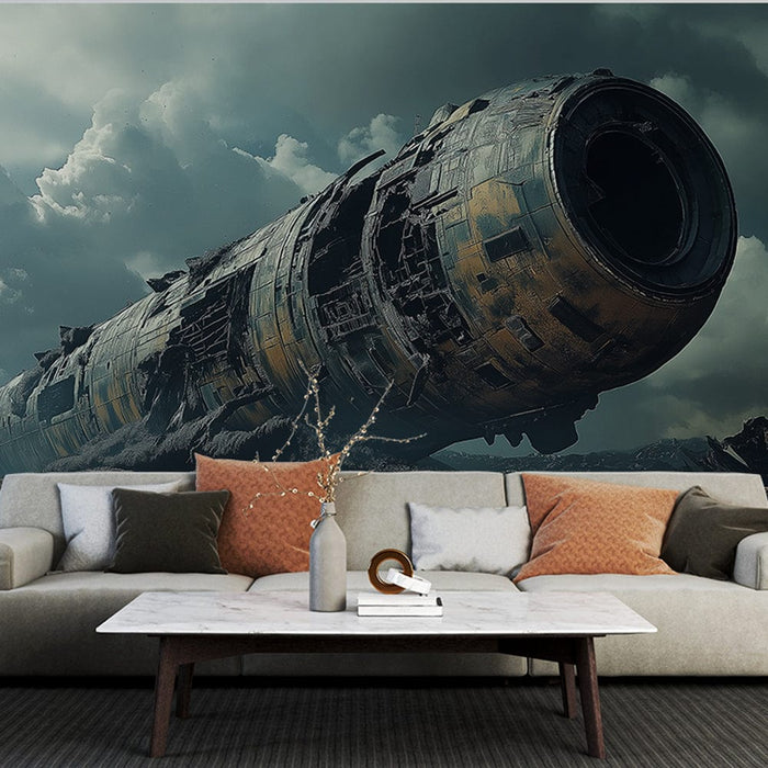Un salon moderne avec un papier peint représentant une capsule spatiale usée sur fond nuageux, créant une ambiance futuriste et intrigante.