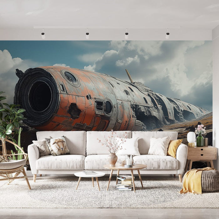 Un salon contemporain avec un papier peint représentant une capsule spatiale orange usée, créant une ambiance futuriste et intrigante.