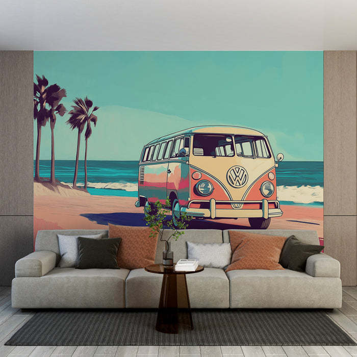 Papier peint van rétro | Un combi Volkswagen sur une plage ensoleillée