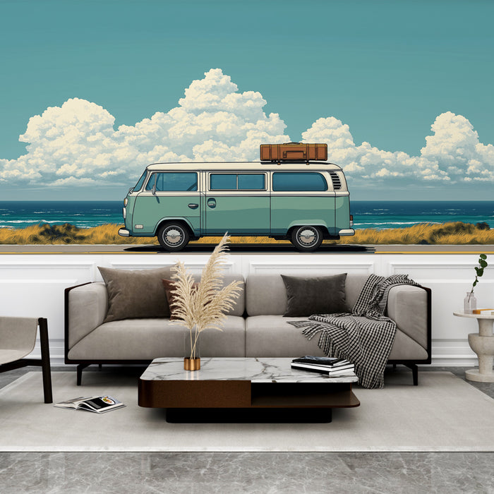 Une pièce de vie moderne avec un papier peint illustrant un van vintage bleu-vert sur fond de mer et de nuages, évoquant une ambiance estivale et nostalgique.