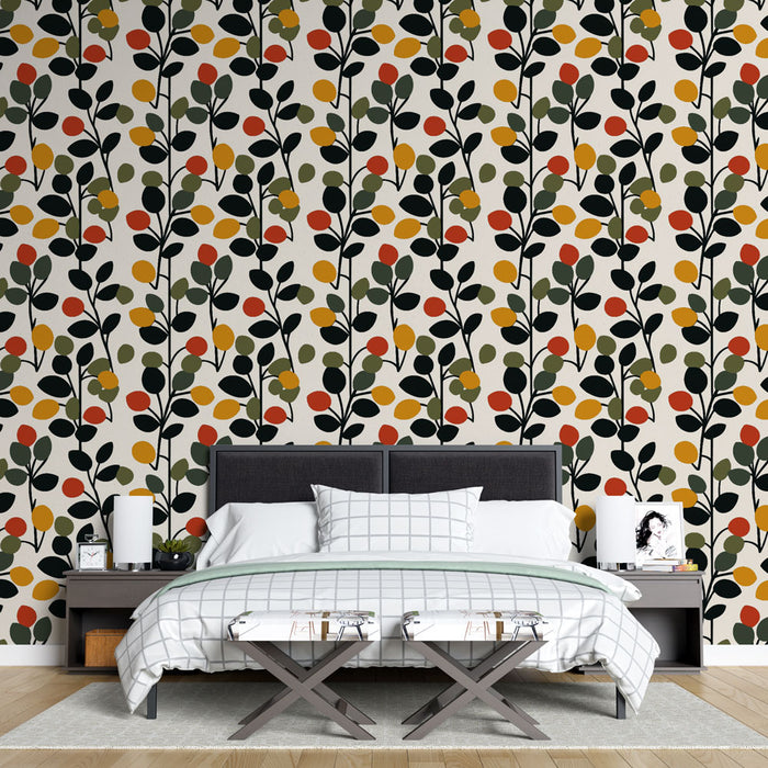 Une chambre moderne avec un papier peint aux motifs floraux colorés, mêlant des feuilles vertes, jaunes et rouges sur fond clair, créant une atmosphère chaleureuse et accueillante.