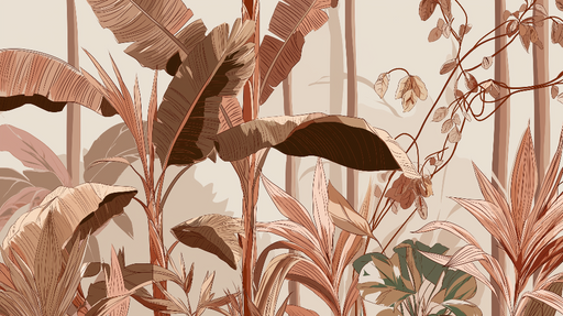 Papier peint végétal Feuillage stylisé dans des teintes rosées et beiges