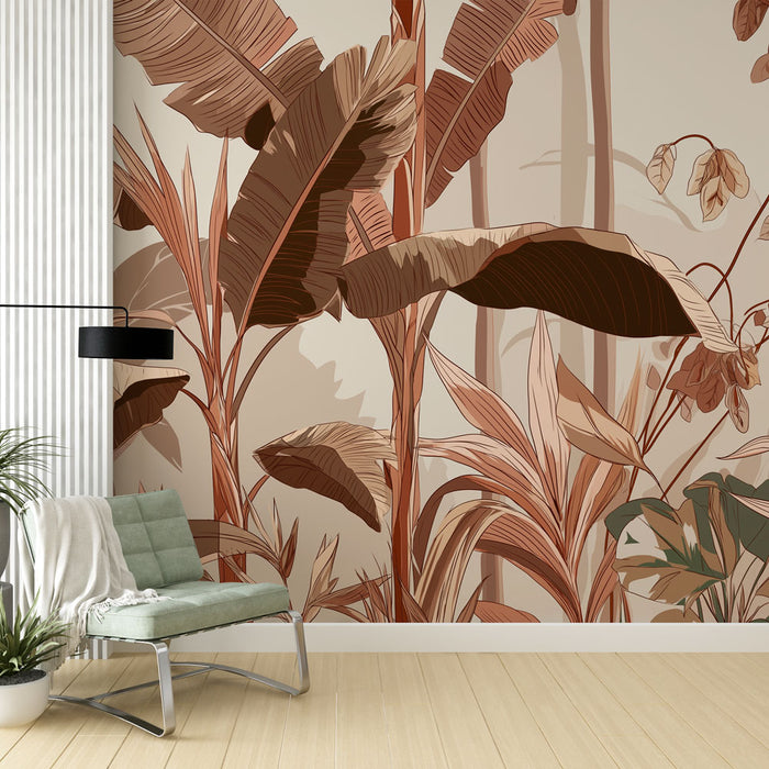 Une pièce moderne avec un papier peint tropical aux teintes chaudes de beige et de terracotta, évoquant une atmosphère naturelle et accueillante.