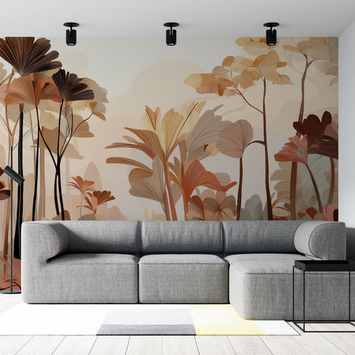 Un salon moderne avec un papier peint aux motifs floraux dans des teintes chaudes de beige et de brun, créant une atmosphère apaisante et naturelle.
