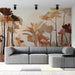 Un salon moderne avec un papier peint aux motifs floraux dans des teintes chaudes de beige et de brun, créant une atmosphère apaisante et naturelle.