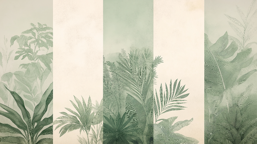 Papier peint végétal imitation tableau Motif de feuillage vert sur fond pastel