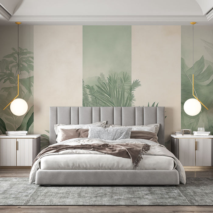 Papier peint végétal imitation tableau | Motif de feuillage vert sur fond pastel