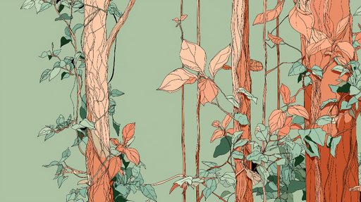 Papier peint végétal Lianes et feuilles artistiquement dessinées sur fond vert