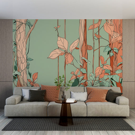 Un salon contemporain avec un papier peint botanique aux teintes douces, représentant des feuilles stylisées sur fond vert, créant une ambiance apaisante et naturelle.