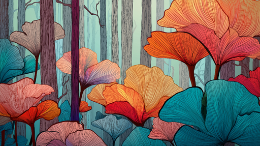 Papier peint végétal Magnifiques motifs de feuilles stylisées aux couleurs vives