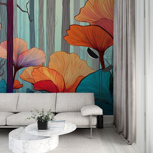 Un salon moderne avec un papier peint illustrant des champignons colorés sur fond de forêt, créant une ambiance artistique et vivante.
