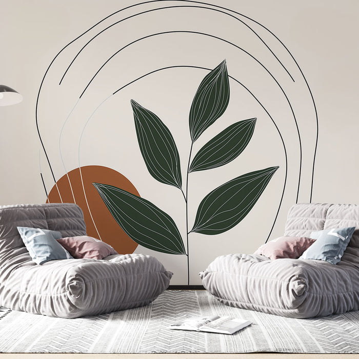 Papier peint végétal moderne avec feuille stylisée et formes géométriques pour salon contemporain