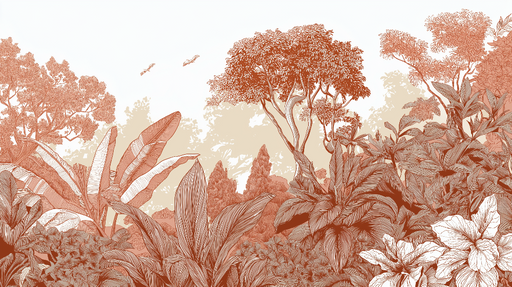 Papier peint végétal Motif botanique aux teintes terracotta et blanches