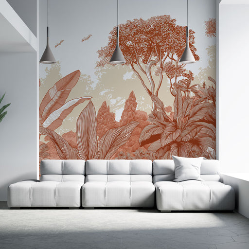 Un salon moderne avec un papier peint tropical aux motifs de feuillages stylisés en terracotta sur un fond dégradé clair, créant une ambiance chaleureuse et naturelle.