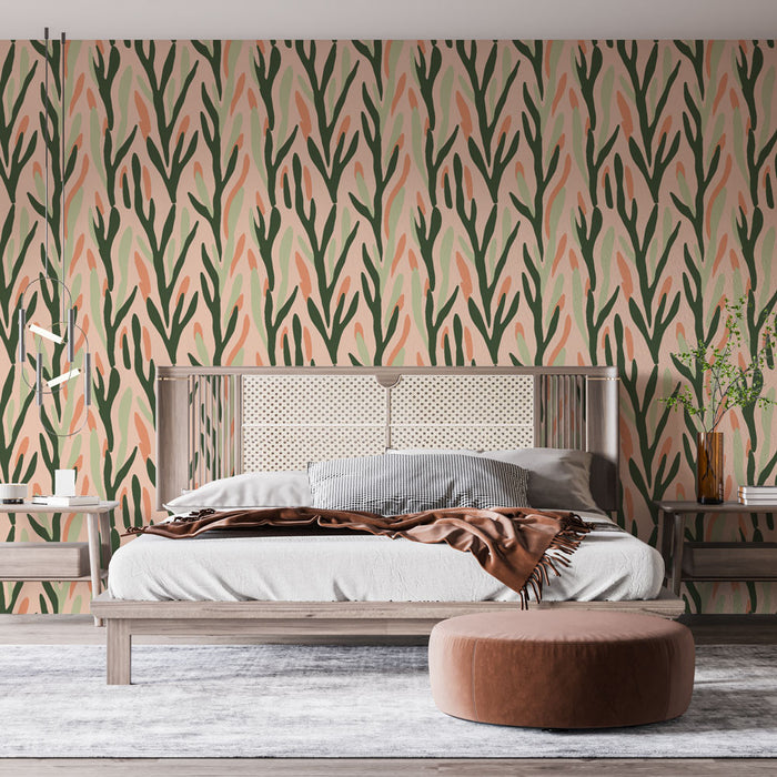 Une chambre moderne avec un papier peint végétal aux motifs fluides en vert, rose et beige, créant une atmosphère douce et accueillante.