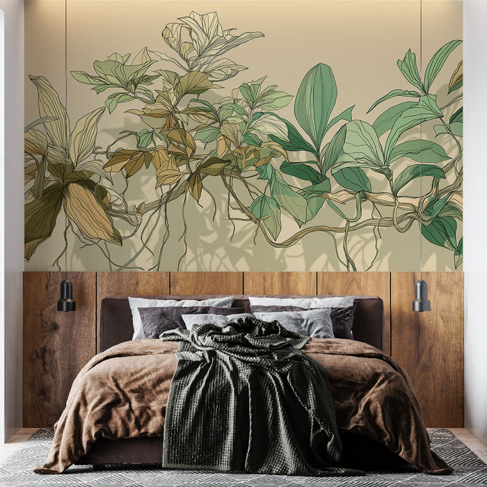Une chambre moderne avec un papier peint illustrant des plantes aux contours délicats, mêlant des teintes vertes et brunes sur un fond neutre, créant une ambiance apaisante et naturelle.